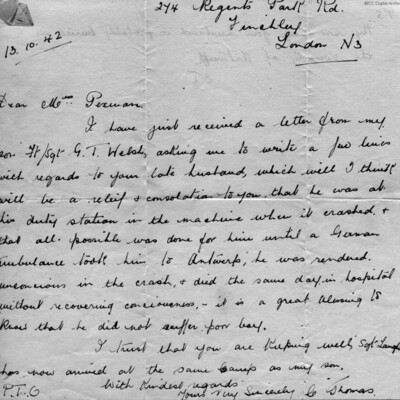 Sympathy letter from E Thomas to Mabel Pexman
